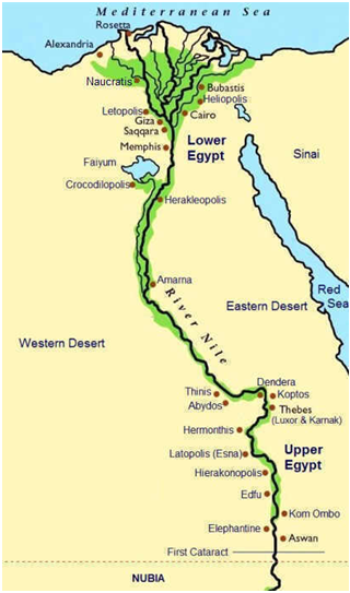 Mapa del río Nilo y principales ciudades egipcias