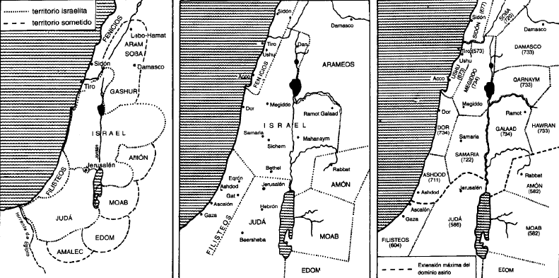 Palestina en el siglo X (izquierda), en los siglos IX-VIII (centro), y en los siglos VII y VI a.C. (derecha)
