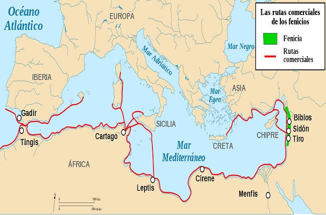 Mapa de las rutas comerciales fenicias