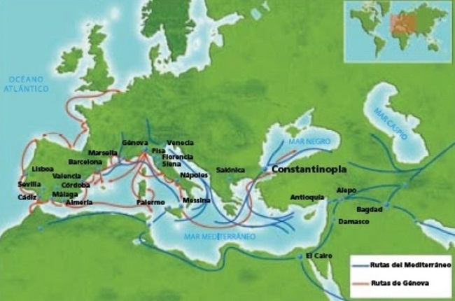 Mapa de las rutas comerciales europeas en el siglo XV