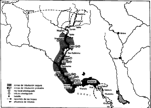 Mapa que muestra alguna de las campañas militares de Tukulti-Ninurta II