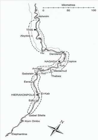 Mapa que muestra la localización de Abidos, necrópolis de la ciudad de Tinis, desde donde se realizó la unificación de las dos Tierras