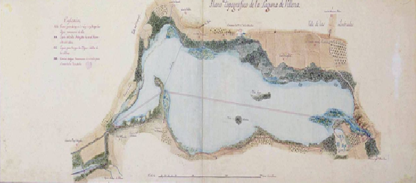 Mapa topográfico de la Laguna de Villena levantado alrededor de 1790, con vistas a su desecación