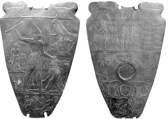 Paleta de Narmer donde vemos en el recto al rey con la corona roja y como un toro masacrando a enemigos y en el verso masacrando a los deltitas tocado con la corona blanca