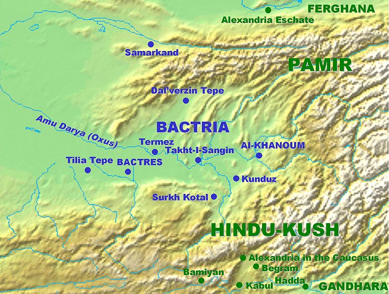 Mapa con las principales ciudades de Bactriana, uno de los pueblos iranios
