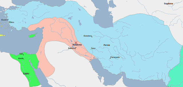 Mapa de los imperios persa y babilónico en vísperas de la caída de Babilonia (vía Geacron)