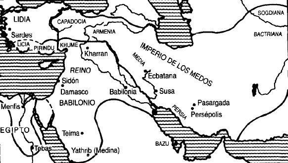 Mapa de Oriente Próximo en la primera mitad del siglo VI a.C., incluyendo el Imperio Medo