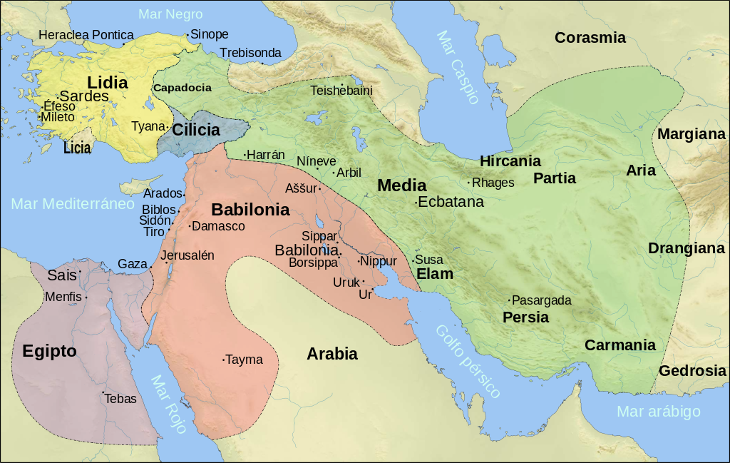 Mapa de Próximo Oriente en el siglo VI aC según los textos de Herodoto, incluyendo el Imperio Medo