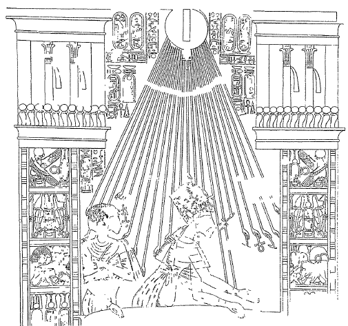 Dibujo de una escena en la que ya se ha representado a Akhenaton y Nefertiti al estilo amarniense
