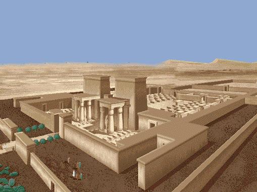 Reconstrucción del aspecto que debía tener uno de los templos de Atón de Amarna