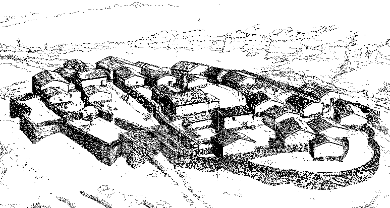 Reconstrucción del poblado de Sesklo, de mediados del neolítico griego