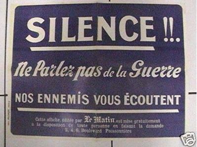 Ejemplo de cartel francés de 1915 advirtiendo sobre la presencia de espías