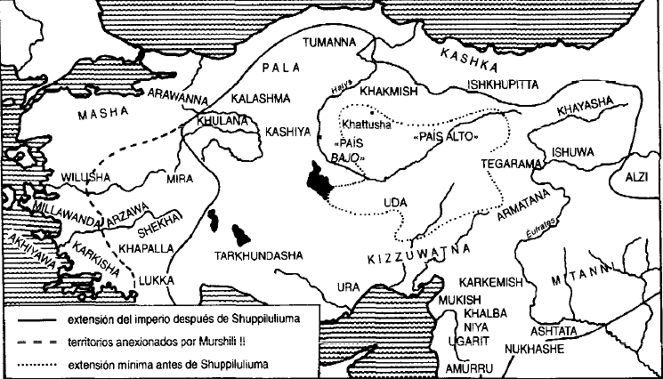 Mapa del imperio hitita entre el reinado de Shuppiluliuma y Murshili II