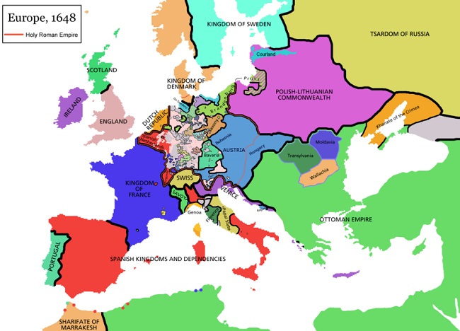 Mapa de Europa en 1648, mostrando las consecuencias de la Guerra