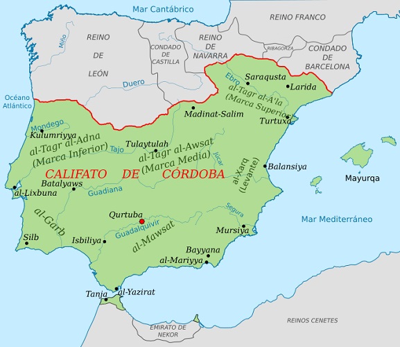 Mapa de la extensión del califato de Córdoba hacia el año 1000. Al noreste vemos el condado de Barcelona, el remoto origen de Cataluña