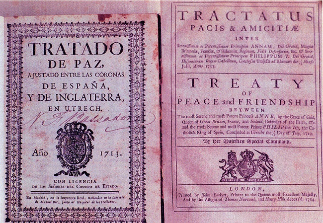 Portadas bilingües de las dos versiones del Tratado de Utrecht