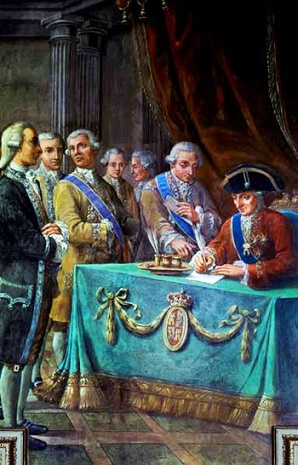 Cuadro de Carlos III firmando el tratado de libre comercio de 1778, ejemplo del reformismo borbónico
