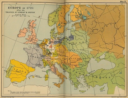 Mapa político de Europa en 1721 después del Tratado de Utrecht