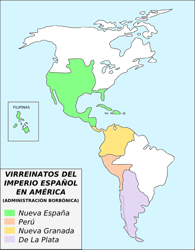 Mapa de los virreinatos españoles en América a partir de 1776, después del reformismo borbónico