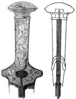 Dibujo basado en una empuñadura real de una espada minoica tipo D