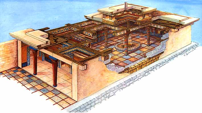 Supuesta reconstrucción de cómo habría sido el megaron del palacio de Pilos