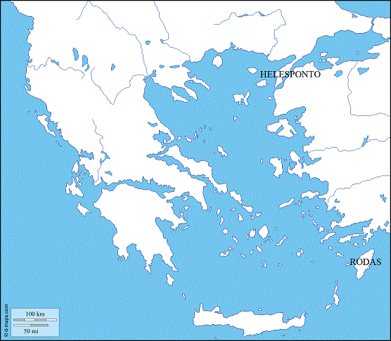 Mapa del mundo griego con la localización del Helesponto y la isla de Rodas, donde comenzó la recuperación de la edad oscura griega