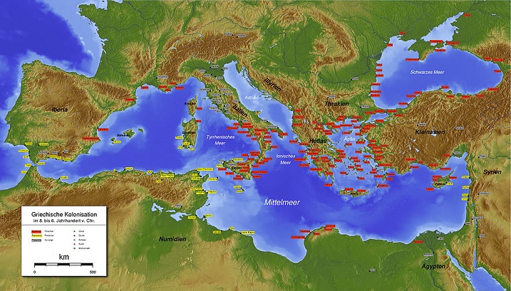 Las colonias griegas en el Mediterráneo las de color rojo