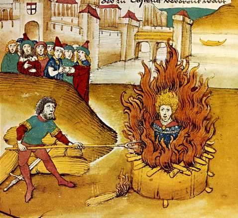 Ilustración medieval de quema en la hoguera de alguien sin identificar, seguramente un cátaro, sodomita o hereje