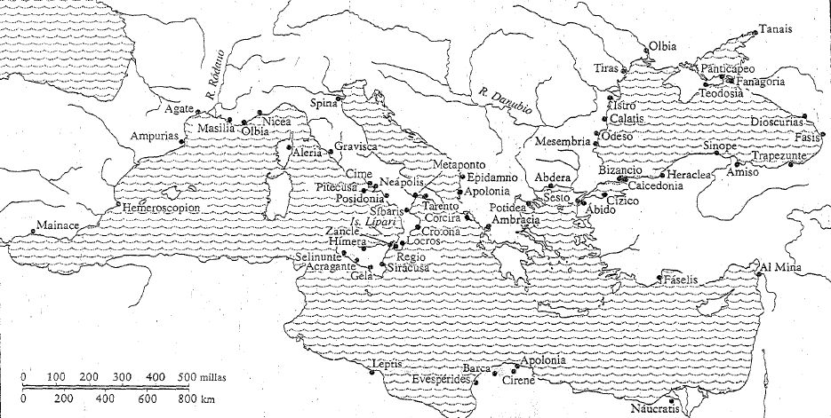 Mapa de la colonización griega en apoikia entre el 750 y el 500 a.C. (fuente: Pomeroy)