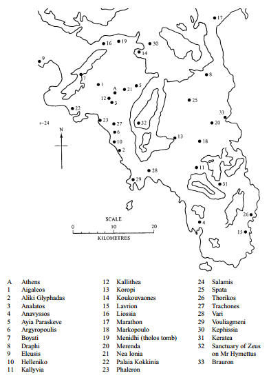 Mapa del Ática mostrando Atenas y sus principales centros de población circundantes, que después harían la apoikia