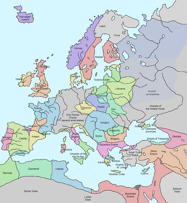 Mapa político en inglés de Europa en el primer tercio del siglo XIV