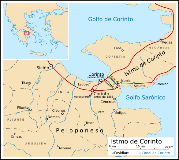 Mapa con la ubicación de Corinto y las ciudades de su entorno
