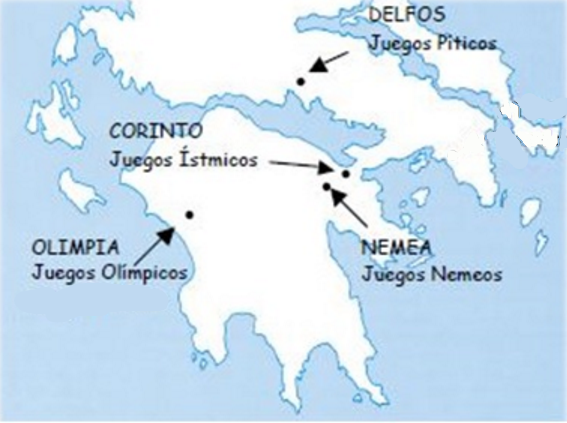 Mapa griego en el que salen ubicados los cuatro grandes juegos panhelénicos