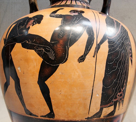 Pieza cerámica de figuras negras en las que se representa una escena de pankration