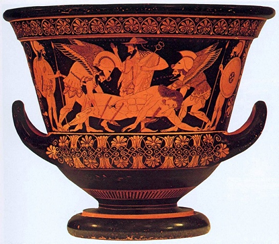 Pieza cerámica de figuras rojas de temática mitológica