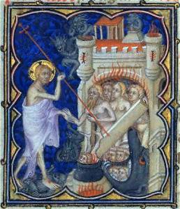 Cristo sacando a los Justos del Infierno en Les petites heures du Duc de Berry, ca 1390