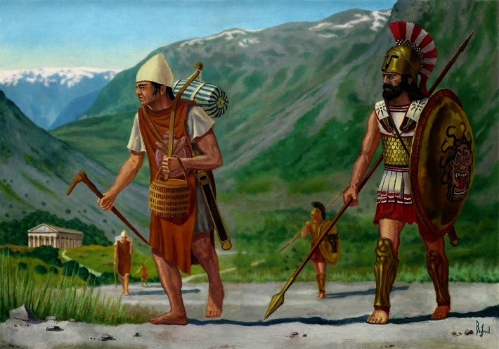 Ilustración en el que se representa a los ilotas trabajando bajo la supervisión de un espartano