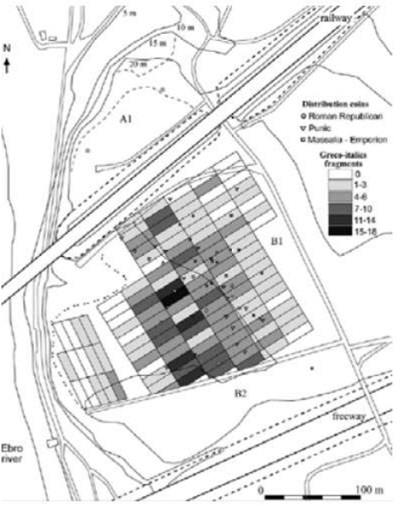 Ejemplo de prospección arqueológica, en Nova Classis, ejemplo de campamentos romanos (Ble, et al., 2011)