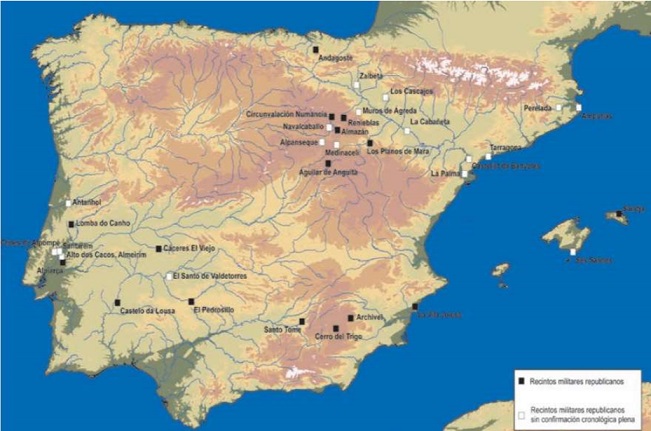 Mapa de los campamentos romanos republicanos ubicados en la Península Ibérica (Morillo & Adroher, 2014)