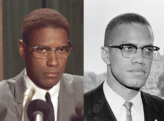 Montaje con Denzel Washington caracterizado (izq) y el verdadero Malcolm X (dcha)