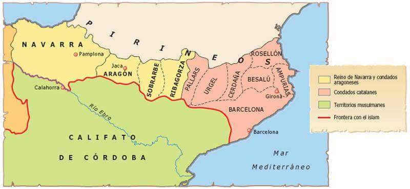 Mapa del noreste de la península Ibérica en la primera mitad del siglo XI, en el remoto origen de Cataluña