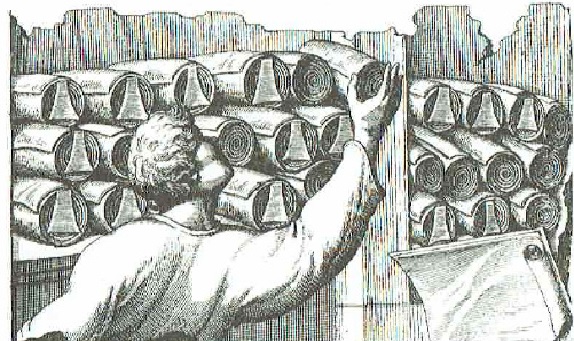 Dibujo basado en un relieve romano de los rollos en las estanterías de la Gran Biblioteca de Alejandría