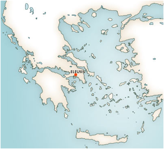 Mapa del mundo griego con la ubicación donde se celebraban los misterios de Eleusis