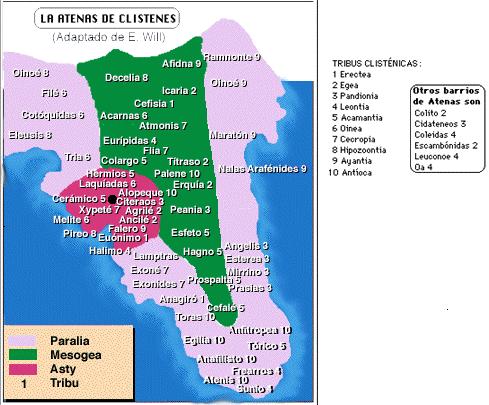 Mapa del Ática con la situación de los demoi, sus correspondientes tribus y las divisiones de costa, ciudad e interior