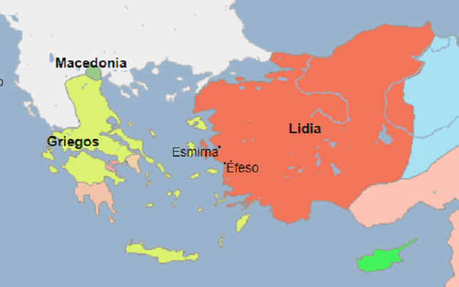 Mapa de la extensión del reino de Lidia el año antes a la conquista persa (546 a.C.), según Geacron