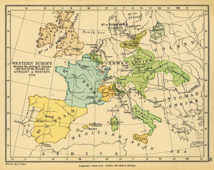 Fronteras europeas después del Tratado de Utrecht que puso fin a la guerra de sucesión española