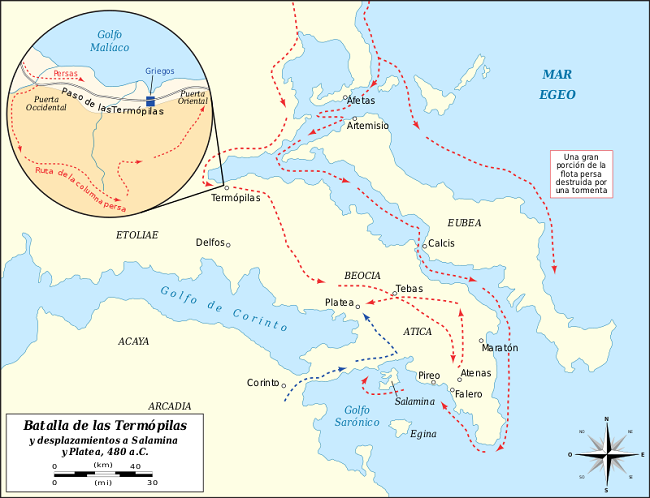 Mapa con los movimientos de la batalla de las Termópilas