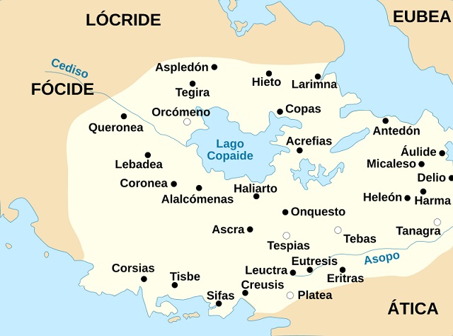 Mapa de las ciudades de la región griega de Beocia, incluyendo la ubicación de la batalla de Platea