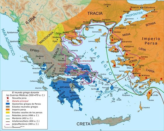 Mapa del mundo griego durante las Guerras Médicas, preludio a la formación de la Liga de Delos.