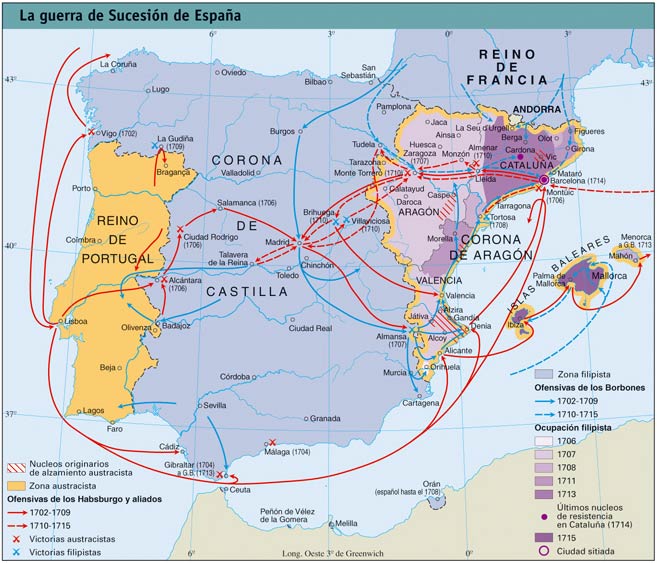 Mapa de la Guerra de Sucesión Española en la península Ibérica